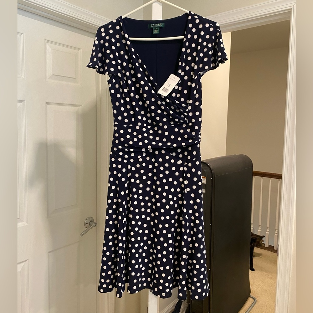 Ralph Lauren Women's Navy White Surplice Polka Dots Jersey Dress Size 6